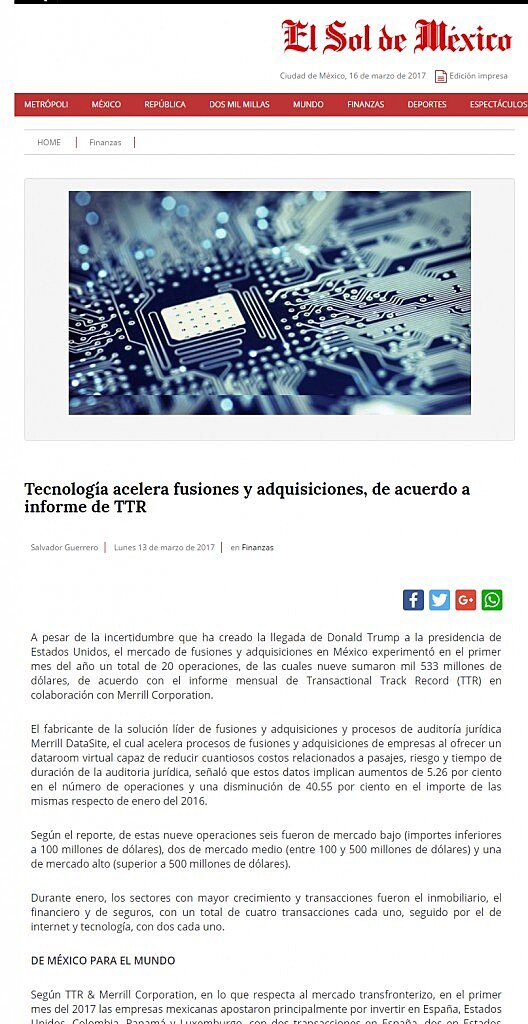 Tecnologa acelera fusiones y adquisiciones, de acuerdo a informe de TTR